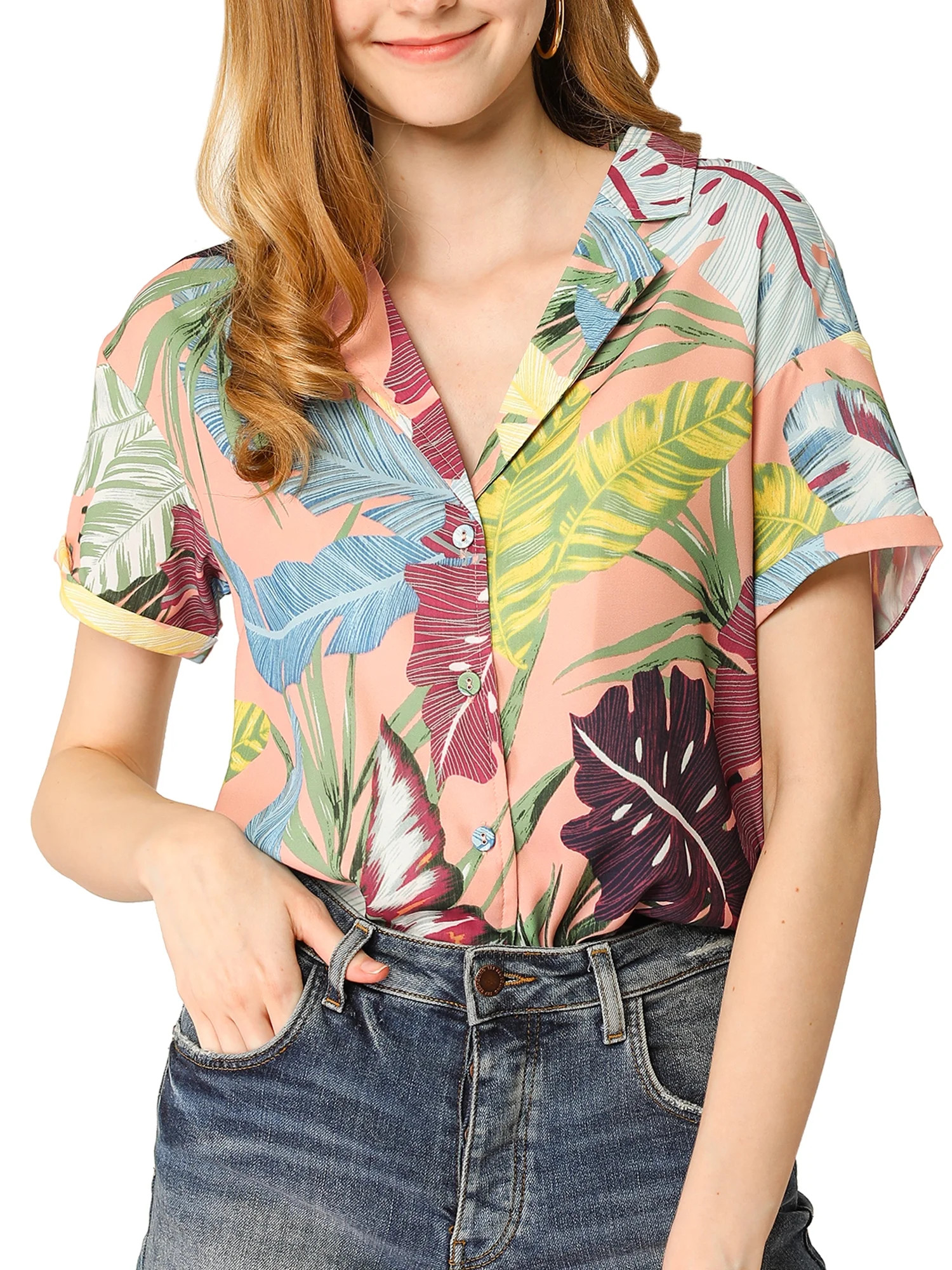 Allegra K Women's Hawaiian Shirts Short Sleeve Tropical Floral Button Down Shirt, Size XS-XL | Walmart (US)