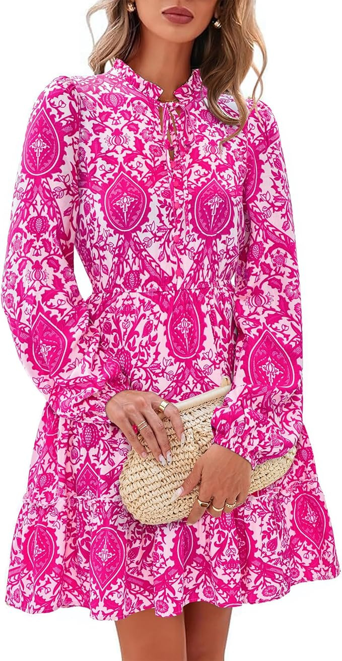 BTFBM Women Fall Dresses 2025 Floral V Neck Long Sleeve Tiered Ruffle Boho Swing Flowy A-Line Min... | Amazon (CA)