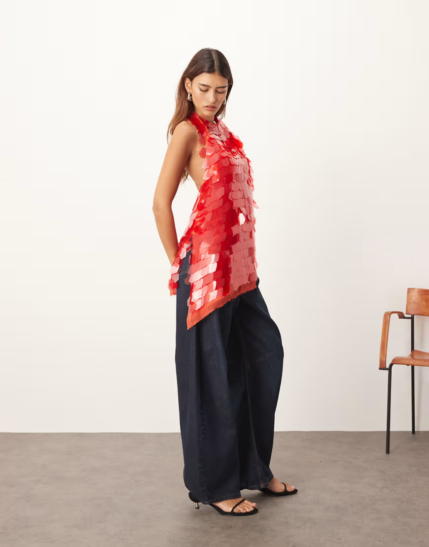 ARRANGE embellished shard sequins longline halter neck top in red | ASOS (Global)