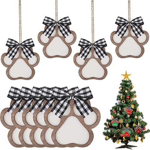 10 Paw Wood Ornaments Wooden Hanging with Bow Tie Unfinished Wood Pet Paw with Rope Wooden Ornament  | Amazon (US)