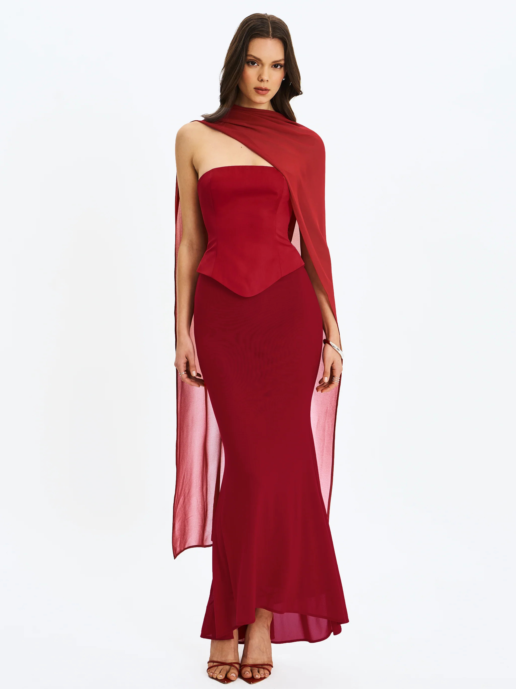 Giselle Crimson Peplum Mermaid Gown with Chiffon Scarf | Miss Circle