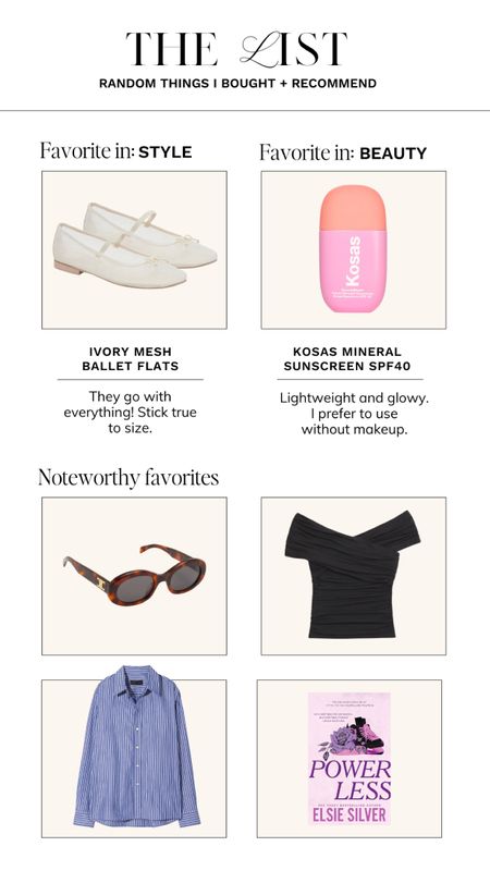 Latest faves | spring fashion, spring outfits, spring haul, beauty essentials, kosas sunscreen, ballet flats, spring staples, spring basics, button up shirt, staple sunnies, staple sunglasses, Celine sunglasses

#LTKSeasonal #LTKstyletip #LTKbeauty