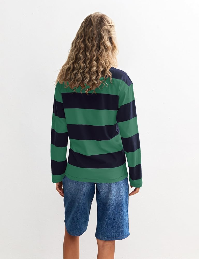 Fall Striped Polo Long Sleeve Shirts for Women Casual Button Lapel V Neck Color Block Tops Vintag... | Amazon (US)