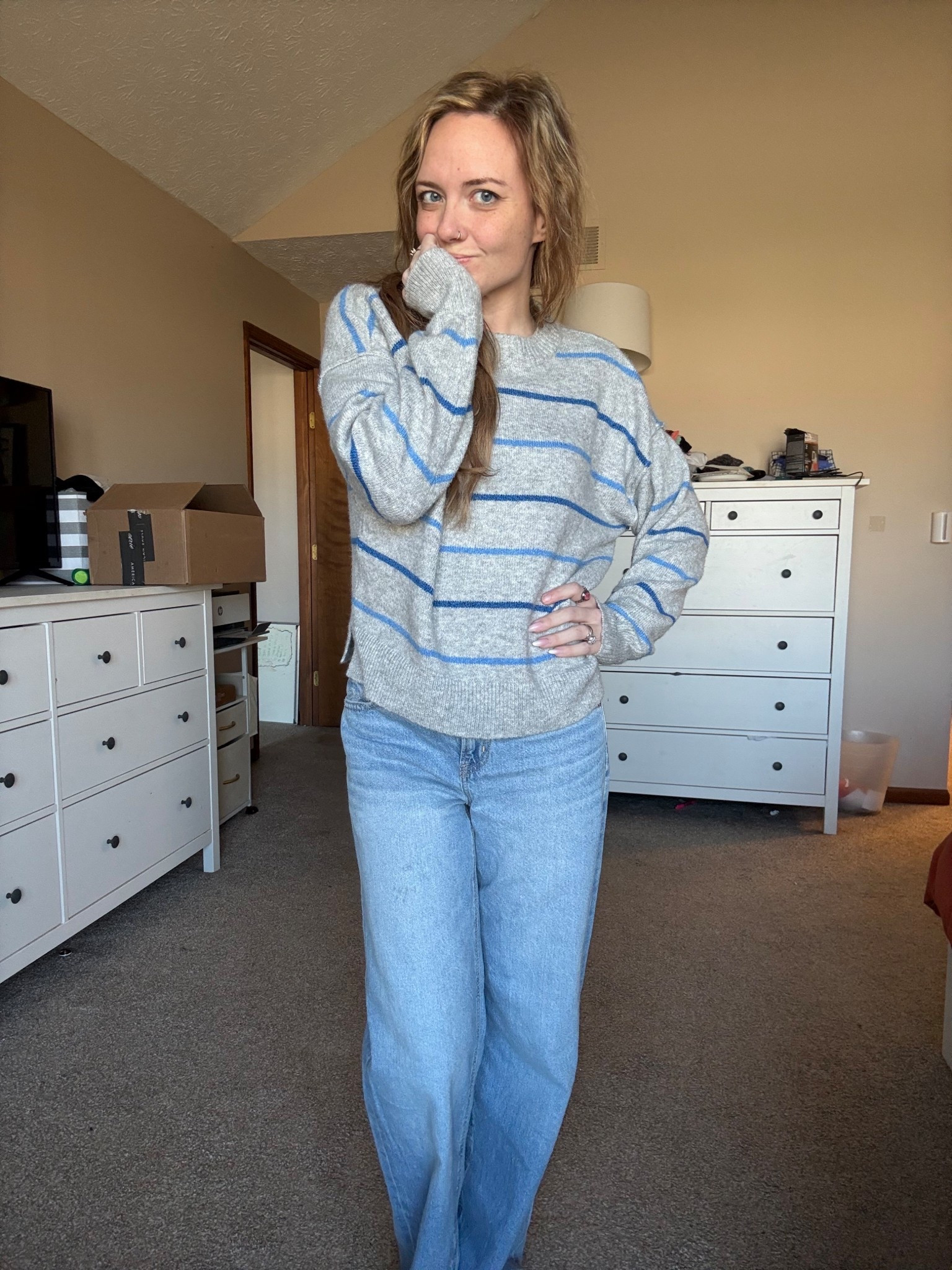 Soft, comfy, and effortless. These American Eagle stove pipe  jeans have the most comfortable relaxed fit and are perfect for everyday casual style. Pairing them with this super soft striped sweater that runs big, so I sized down to an XXS. This is my go to winter outfit for errands, school drop off, and cozy mom style that still looks put together.

#LTKFindsUnder100 #LTKmomlife #LTKootd
