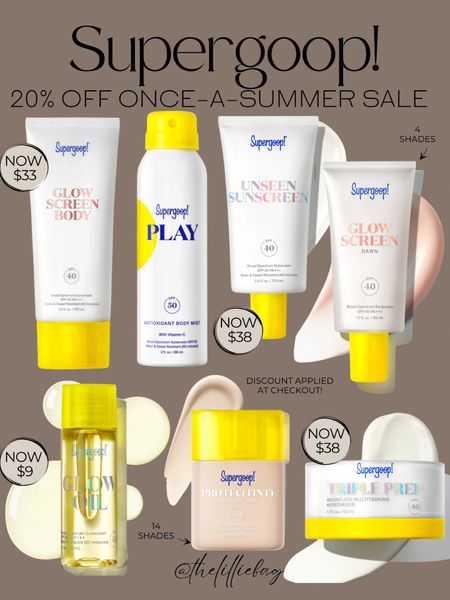 Supergoop! 20% off site-wide once-a-summer SALE!✨💛 Discount applied at checkout. 

Beauty sale. Sunscreen. SPF. 

#LTKStyleTip #LTKFindsUnder50 #LTKSaleAlert