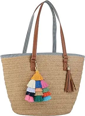 COOFIT Straw Bags Beach Bags Pompom Shoulder Bags Straw Purse Summer Woven Bags Tassel Bags | Amazon (US)