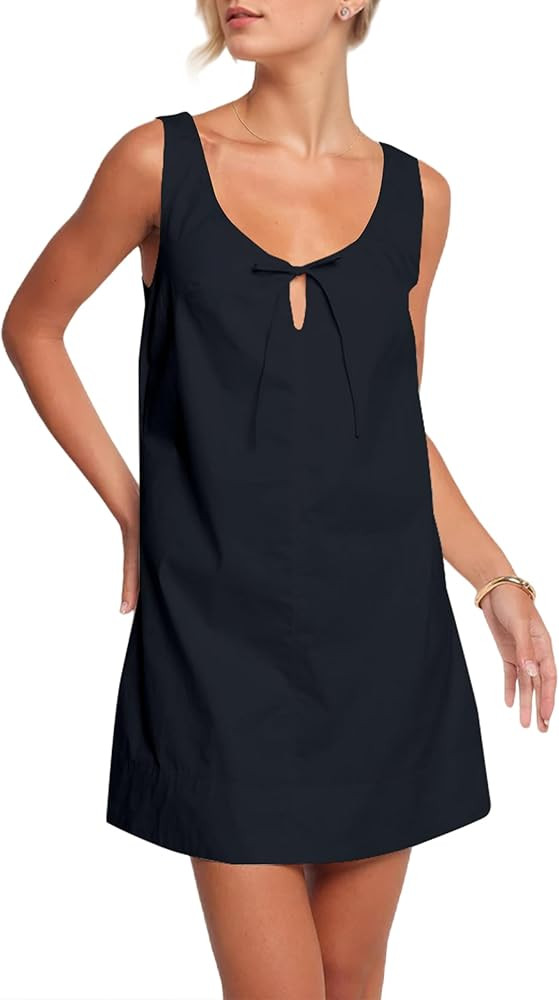 MISSACTIVER Women’s Sexy Scoop Neck Summer Mini Dress 2025 Sleeveless Tie Up Back Button Hollow... | Amazon (US)