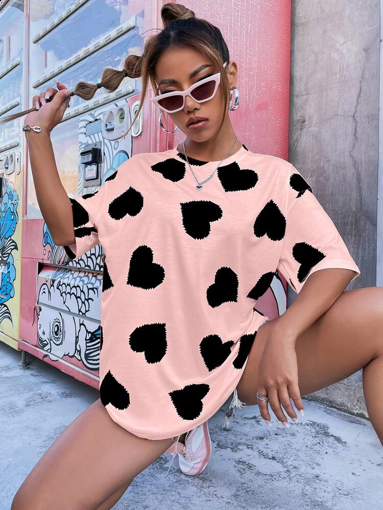 Heart Print Drop Shoulder Tee | SHEIN