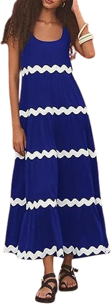 YINGLOP Women's Summer Rickrack Trim Maxi Dress Sleeveless Round Neck Tiered Ruffle Flowy Long Ta... | Amazon (US)