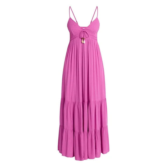 No Boundaries Crochet Lace Trim Tiered Maxi Dress, Women's XXS-XXL | Walmart (US)