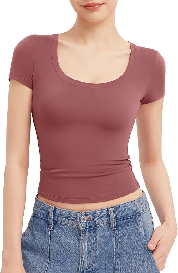 PUMIEY Women's T Shirts Short Sleeve Scoop Neck Basic Going Out Tops Fashion Slim Fit Tee Smoke C... | Amazon (US)