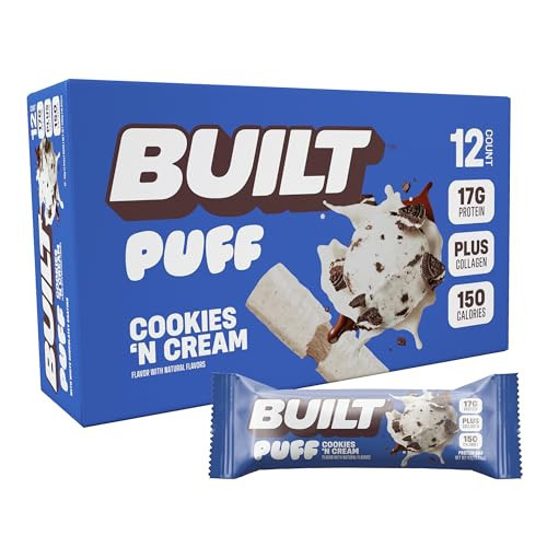 Built Bar, Puff Protein Bars, Cookies 'N Cream Puff, 17g Protein Snacks, On-The-Go Bars, Only 140 Calories, 7g Sugar, Collagen, Not Gluten Free, 12 Count | Amazon (US)