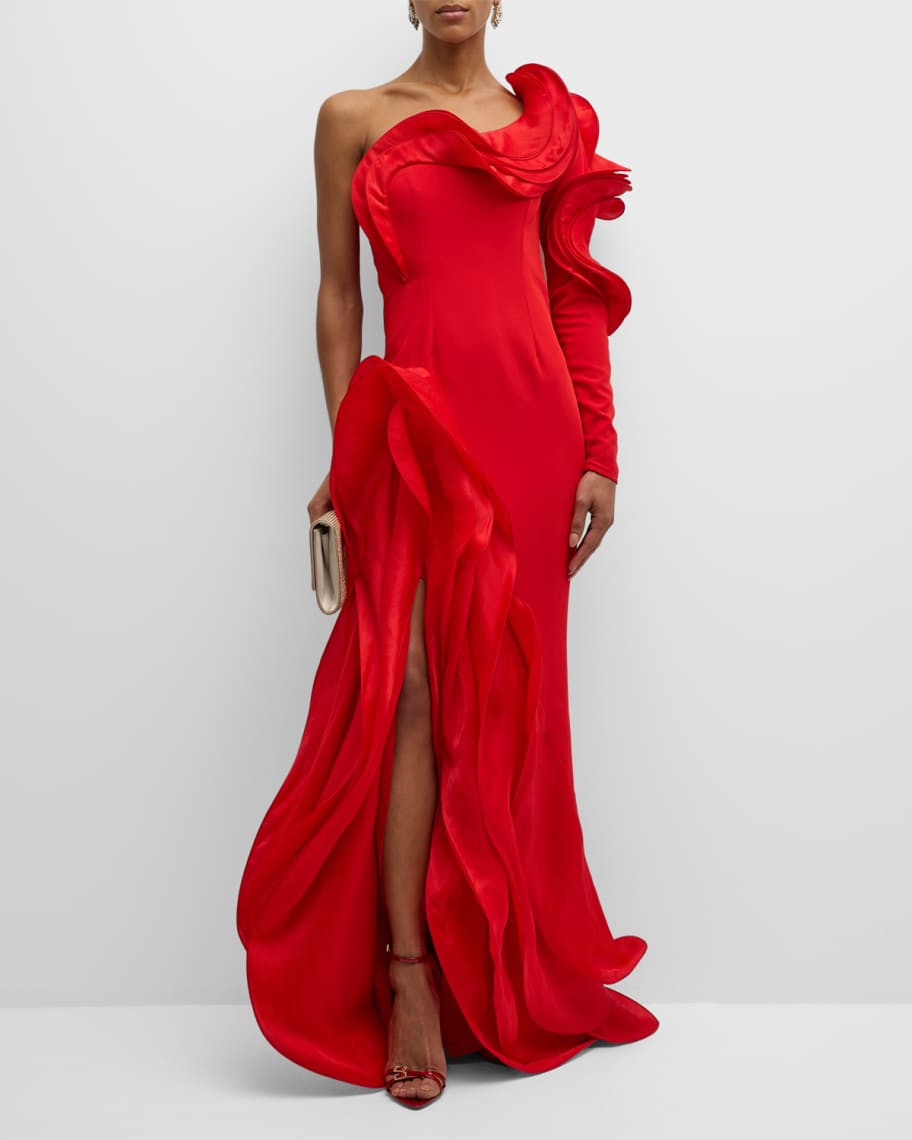 Gaurav Gupta Ruffle One-Shoulder Side-Slit Evening Gown | Neiman Marcus