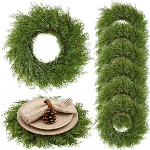 Gandeer Christmas Placemats Set of 6 Round Greenery Place Mats Xmas Circular Artificial Wreath Dining Table Decor Winter Fake Plants Branches Mats for Kitchen Accessories(Pine Needles) | Amazon (US)