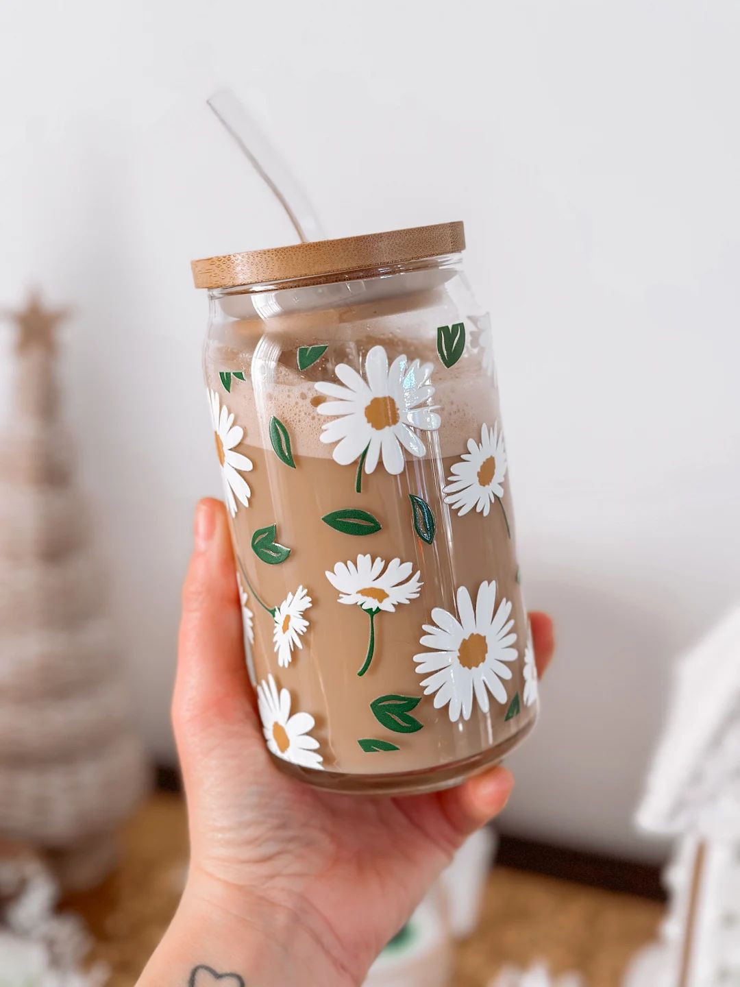 Daisy Glass Cup, Daisy Glasses, Daisy Glass Can Cup, Flower Cup, Iced Coffee Cup, Retro Flower Da... | Etsy (US)