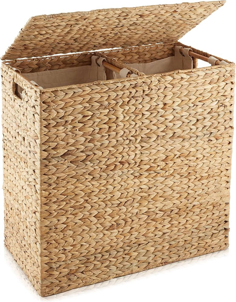 Casafield 2-Section Laundry Hamper with Removable Liner Bags - Natural, Woven Water Hyacinth Doub... | Amazon (US)