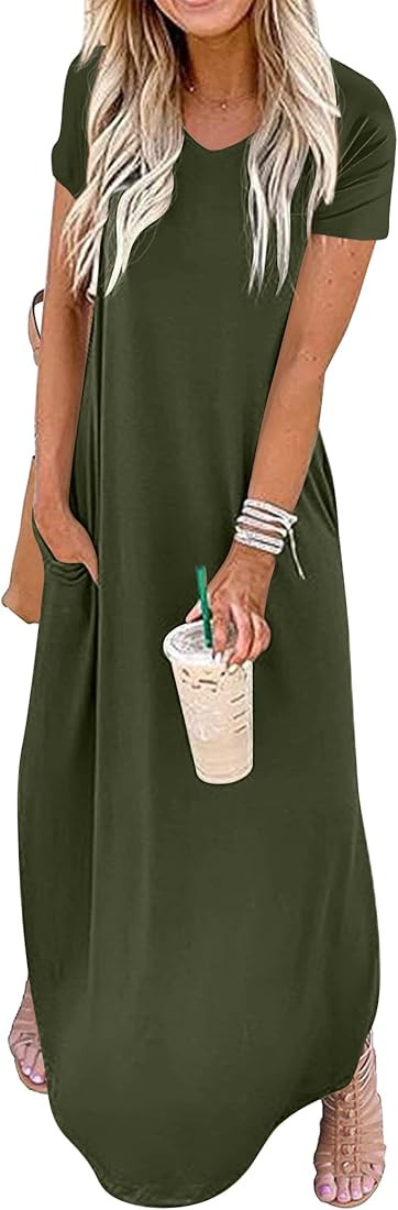 GRECERELLE Women's Casual Loose Pocket Long Dress Short Sleeve Split Maxi Dresses | Amazon (US)