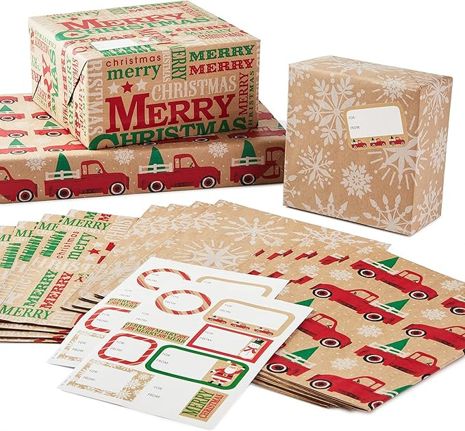 Amazon.com: Hallmark Recyclable Kraft Christmas Flat Wrapping Paper Sheets with Cutlines on Rever... | Amazon (US)