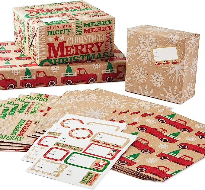 Amazon.com: Hallmark Recyclable Kraft Christmas Flat Wrapping Paper Sheets with Cutlines on Rever... | Amazon (US)