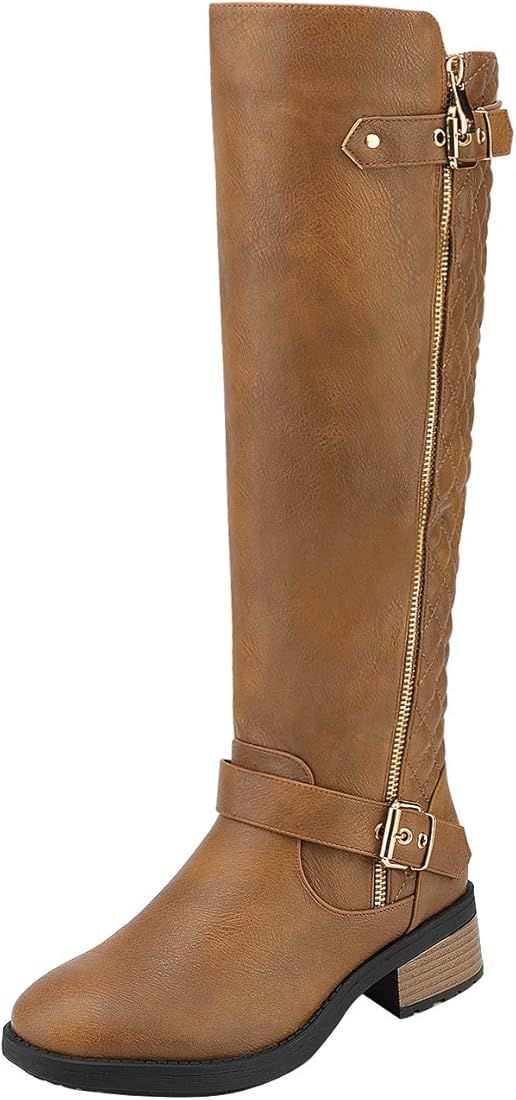Amazon.com | DREAM PAIRS Women's Wide Calf Knee High Boots, Low Stacked Heel Riding Boots, Camel-... | Amazon (US)