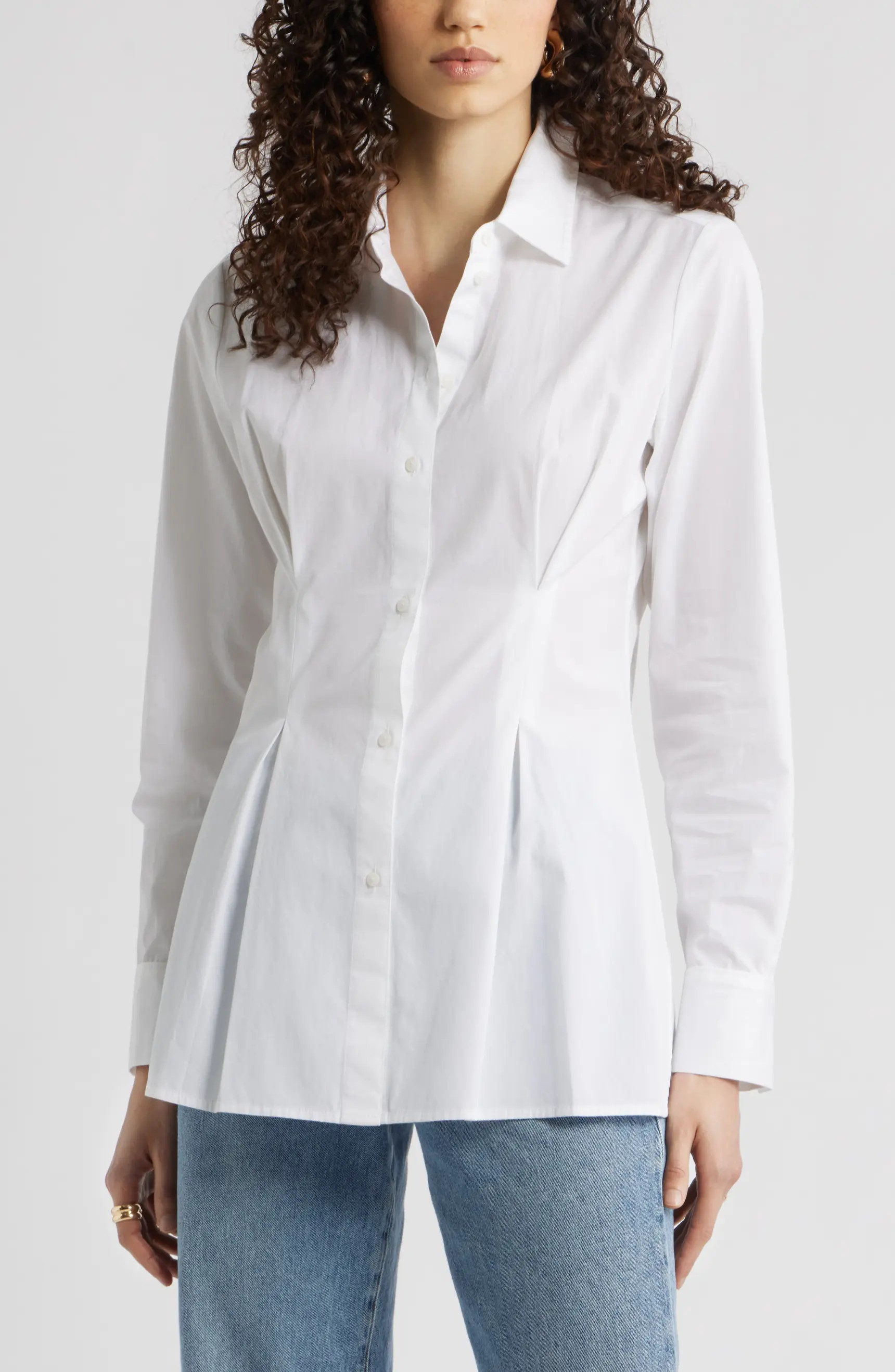 Pleat Waist Cotton Poplin Button-Up Shirt | Nordstrom