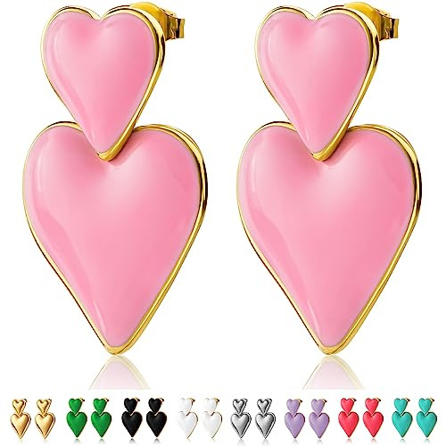 Kenivira Pink Heart Drop Earrings stud earrings for women Double Heart Statement Dangle Earrings for Women Girls | Amazon (UK)