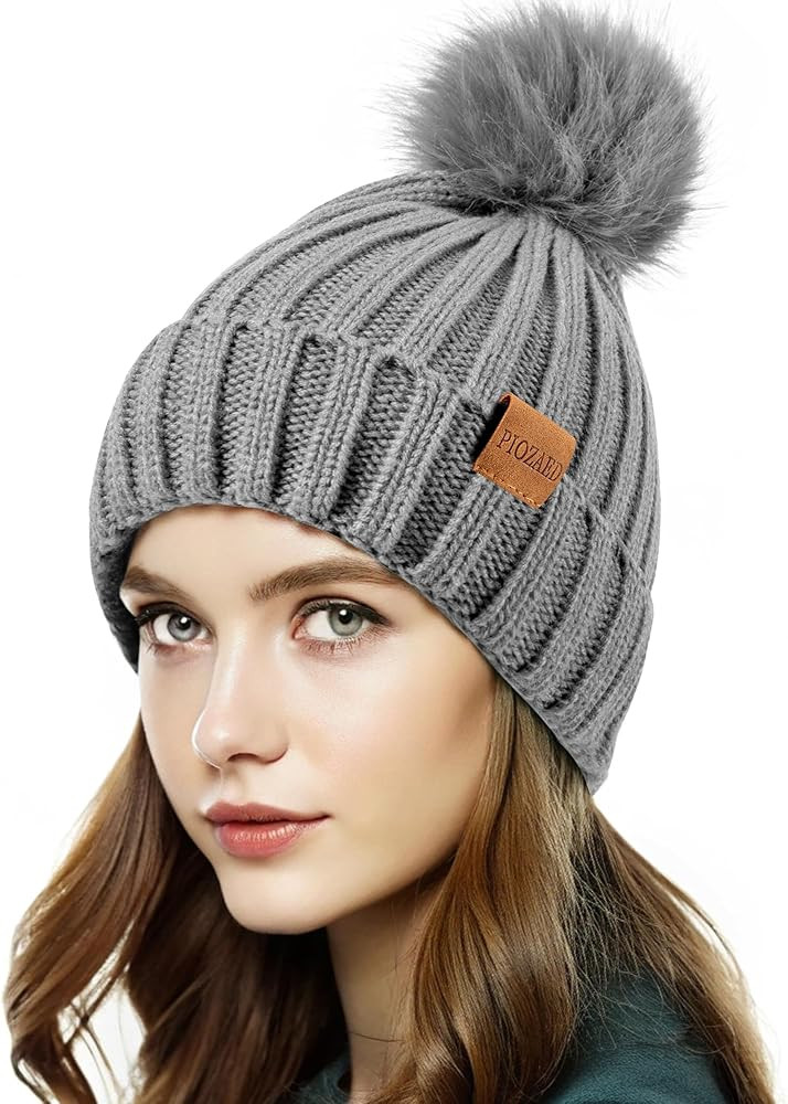 Womens Winter Beanie Hat Fleece Lined Warm Skull Cap with Faux Fur Pom Cuff Knitted Hat for Women | Amazon (US)