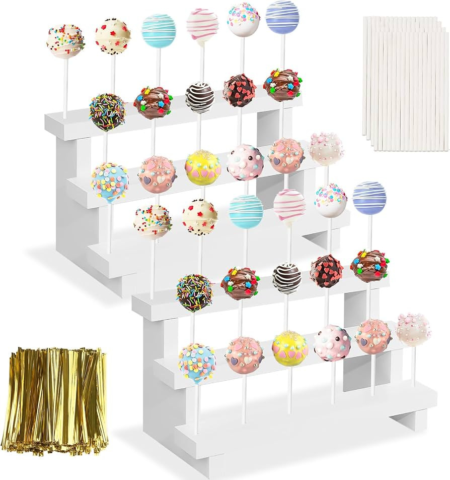 2Pcs Wood Cake Pop Stand, White Lollipop Holder 3 Tier with Twist Ties Lollipop Sticks, 17 Holes ... | Amazon (US)