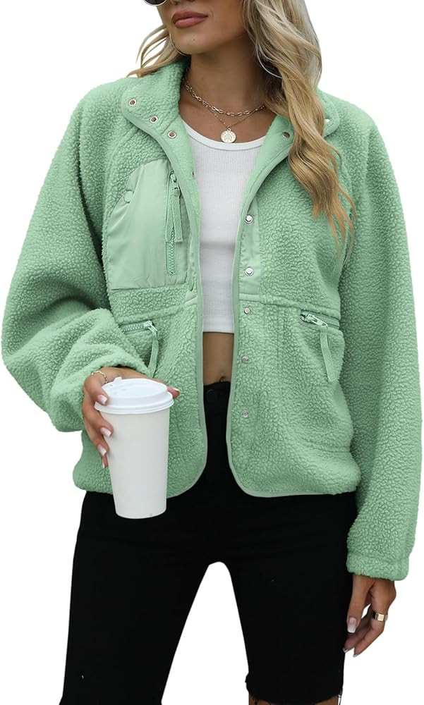 Yanekop Womens Fleece Jacket Fuzzy Long Sleeve Short Winter Coats Button Down Sherpa Jacket Outer... | Amazon (US)