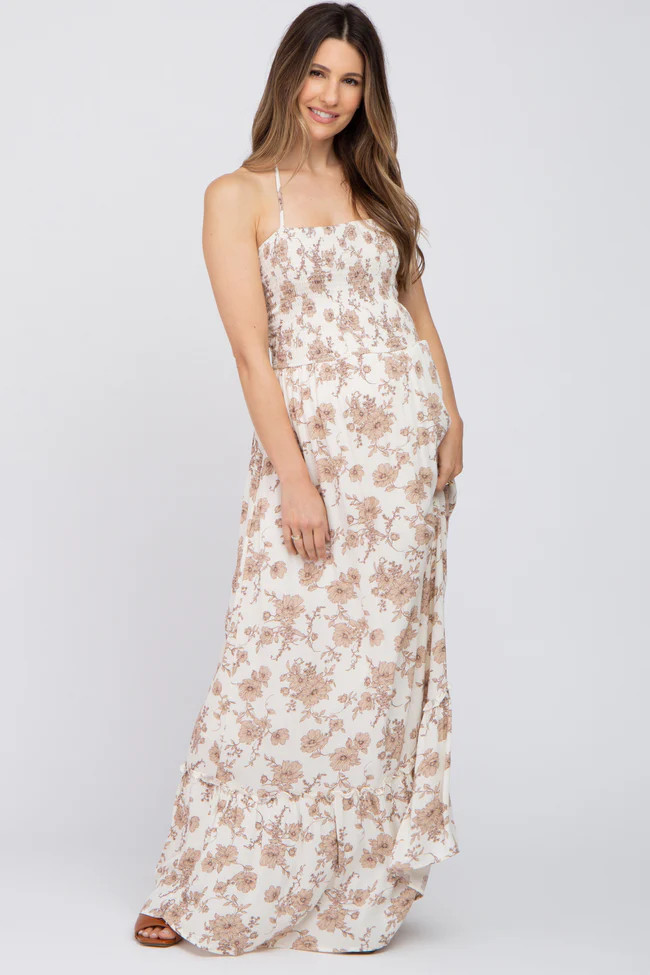 Beige Floral Smocked Halter Back Cutout Maternity Maxi Dress | PinkBlush Maternity
