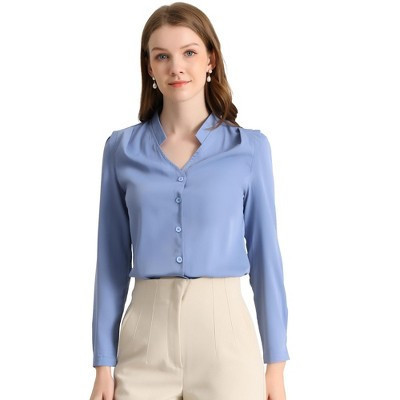 INSPIRE CHIC Women's Elegant V Neck Work Office Button Up Shirt Blue Small | Target