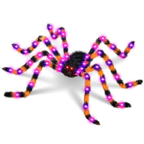 Halloween Decorations 4.9 FT Giant Spider 2 Pack Light up Black Hairy Scary Fake Spider with Red Lighted Eyes Battery Operated Party Haunted Yard House Indoor Outdoor Decor, Black and Orange | Amazon (US)