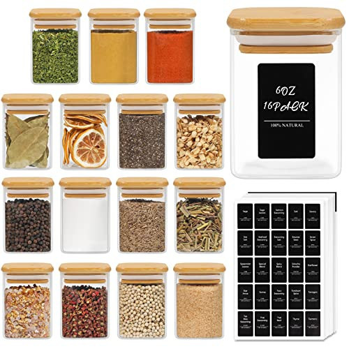 ComSaf 16Pcs Glass Spice Jars with Bamboo Lid, 6oz Airtight Square Containers with 275 Black Lables, Empty Seasoning Jars for Salt Sugar | Amazon (US)