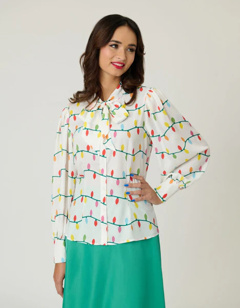 Unique Vintage White Christmas Lights Long Sleeve Gwen Blouse | UniqueVintage