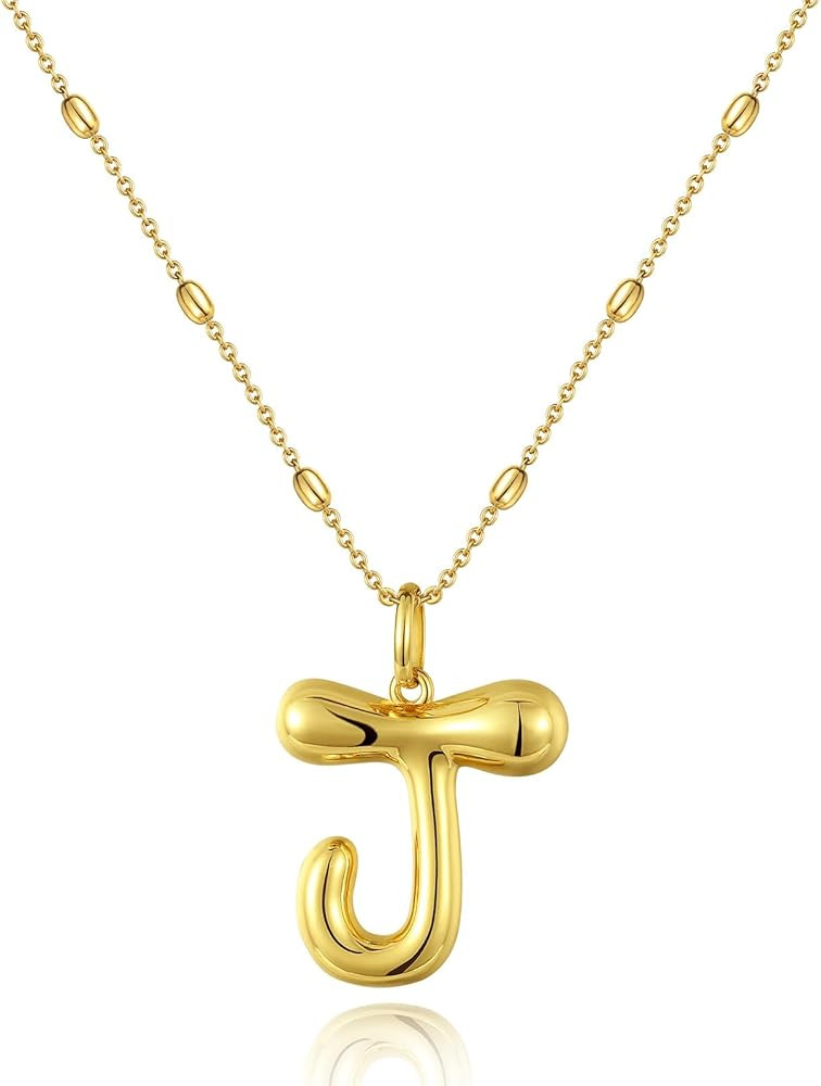 KissYan Bubble Letter Necklace,14K Gold Plated Balloon Initial Pendant with Bead Chain Dainty Jew... | Amazon (US)
