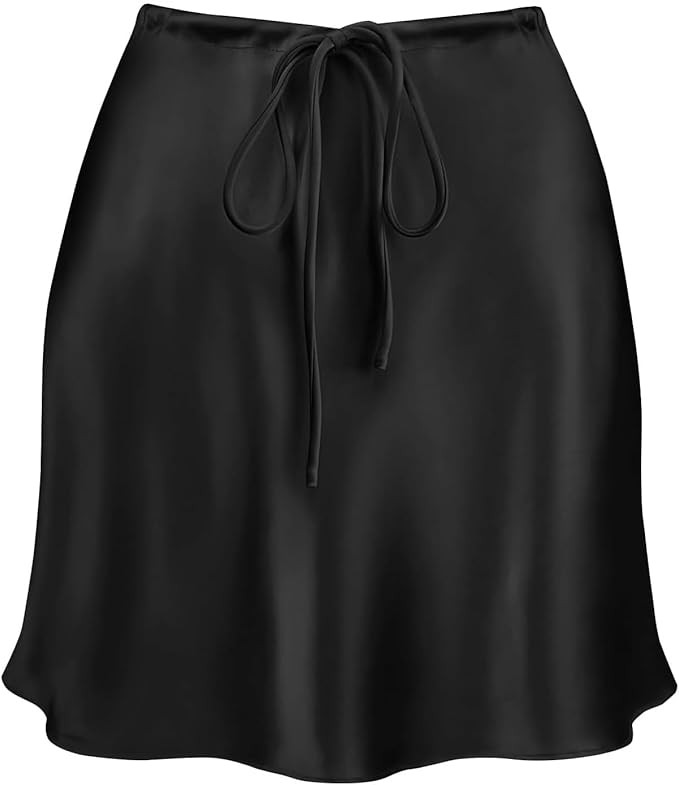 Women's Drawstring Satin Mini Skirt High Waisted Elegant Casual A-Line Flared Silk Short Skirts f... | Amazon (US)