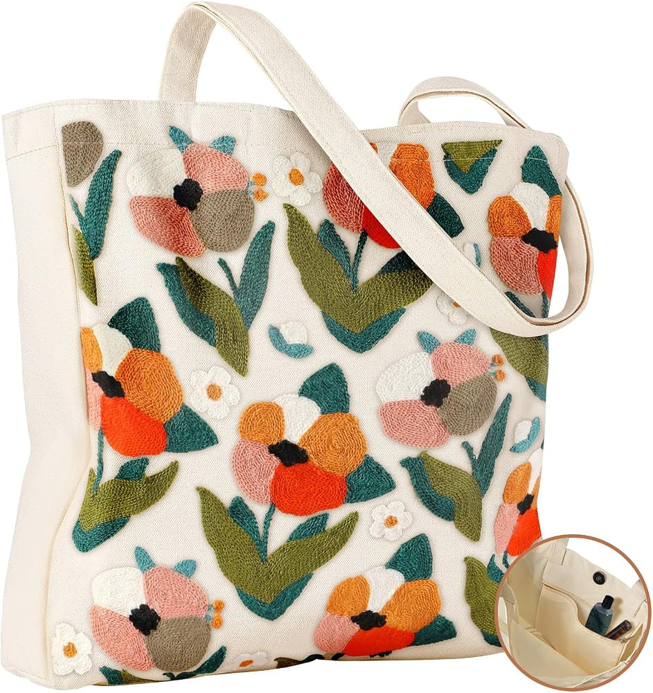 Miss Adola Embroidery Canvas Tote Bag for Women - Reusable Totes with Pocket & Buckle Aesthetic C... | Amazon (US)