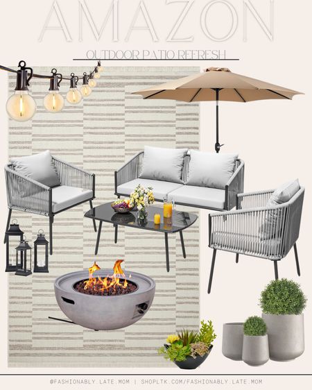 Amazon Outdoor Refresh! 
Fashionablylatemom 
Outdoor umbrella
Outdoor furniture 
Patio furniture
Faux plants
Outdoor pots
Plant pots
Fire pit 
String lights
Outdoor lights
Lanterns
Outdoor area rug

#LTKhome #LTKsalealert