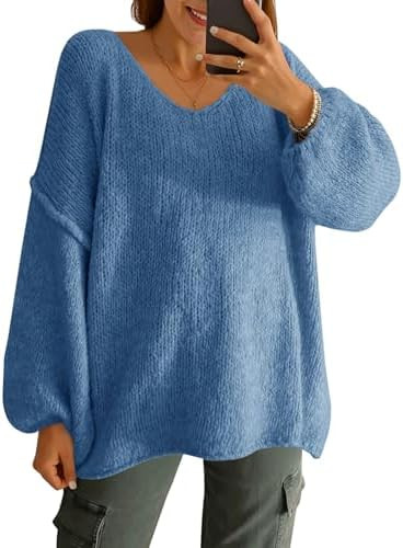 Saodimallsu Womens Oversized V Neck Sweaters Chunky Knit Lantern Long Sleeve Fall Winter Slouchy ... | Amazon (US)