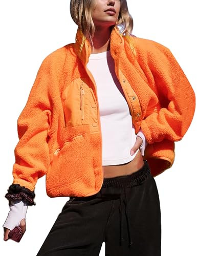 APAFES Women's Cropped Sherpa Lined Fleece Jacket Winter Warm Button Down Fuzzy Coats Shacket Out... | Amazon (US)