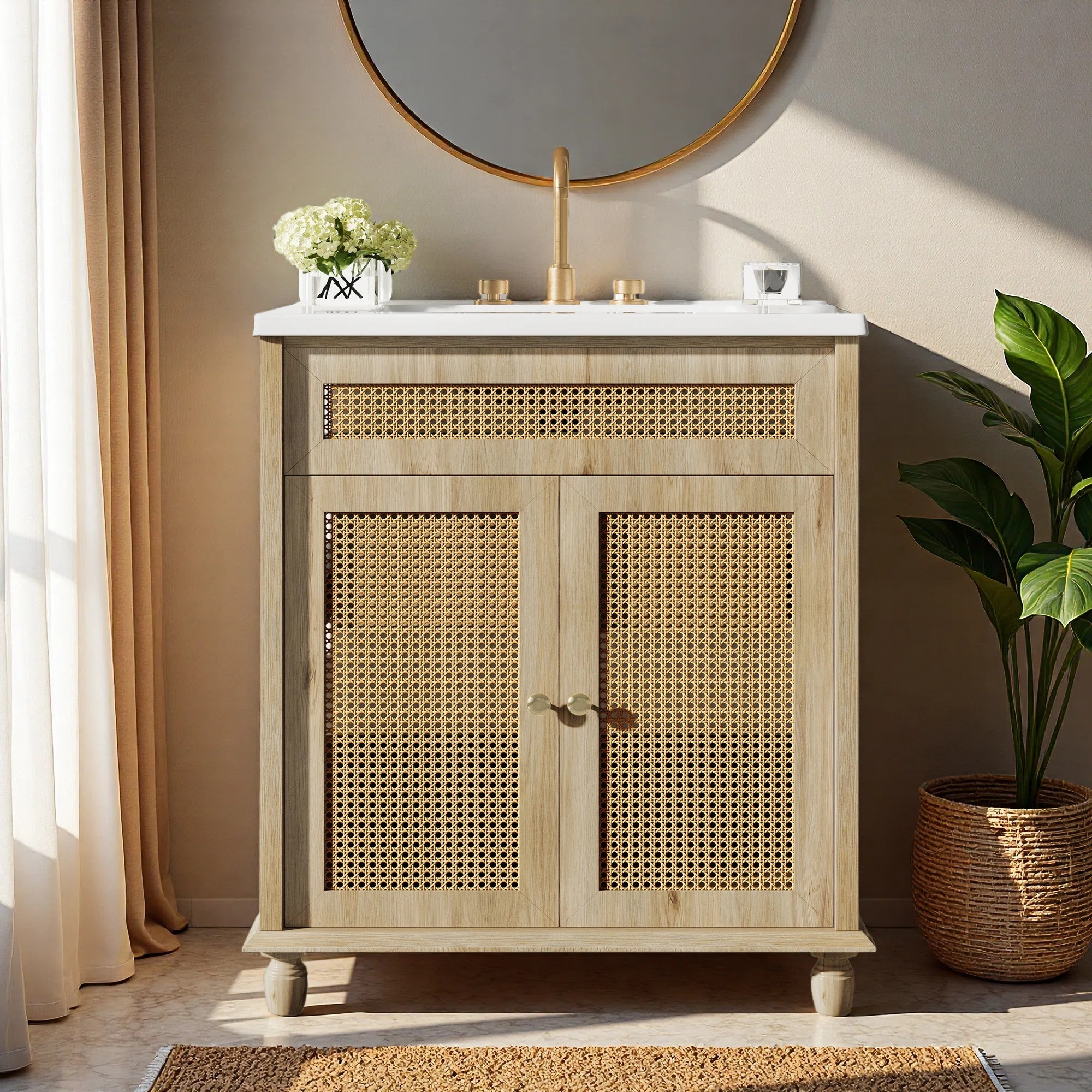 30-Inch Bathroom Vanity: Handwoven Rattan Doors, Solid Wood Legs | Wayfair North America