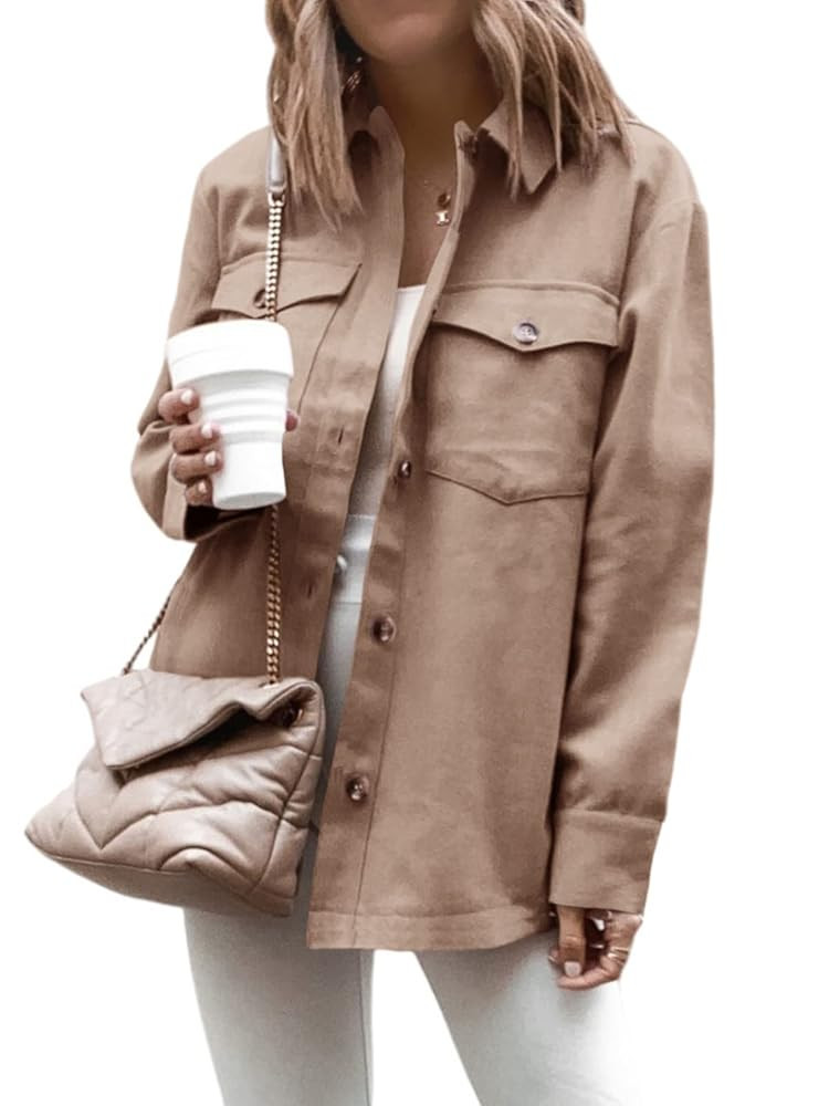Cnkwei Shacket Jacket Women Button Down Shirt Jacket Casual Long Sleeve Shacket with Pockets | Amazon (US)