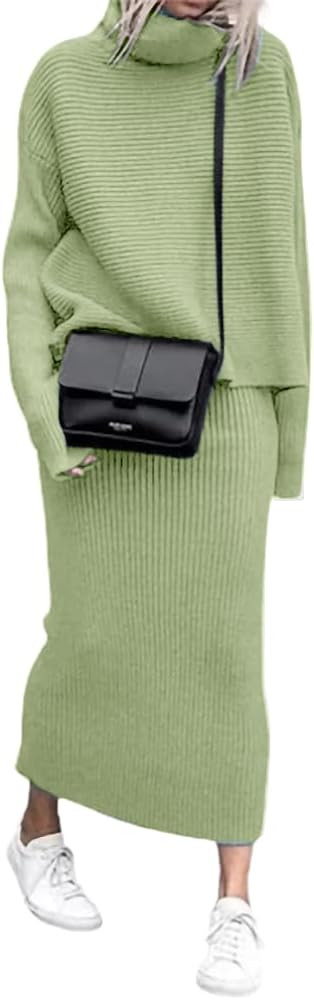 chouyatou Women's Turtleneck 2 Piece Outfits Ribbed Knit Sweater Midi Pencil Skirt Set | Amazon (US)