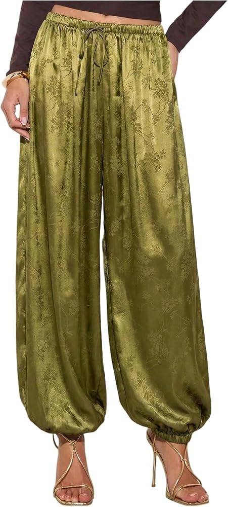 Verdusa Women's Wide Leg Satin Pants Pleated Joggers Elegant Lantern Pants | Amazon (US)