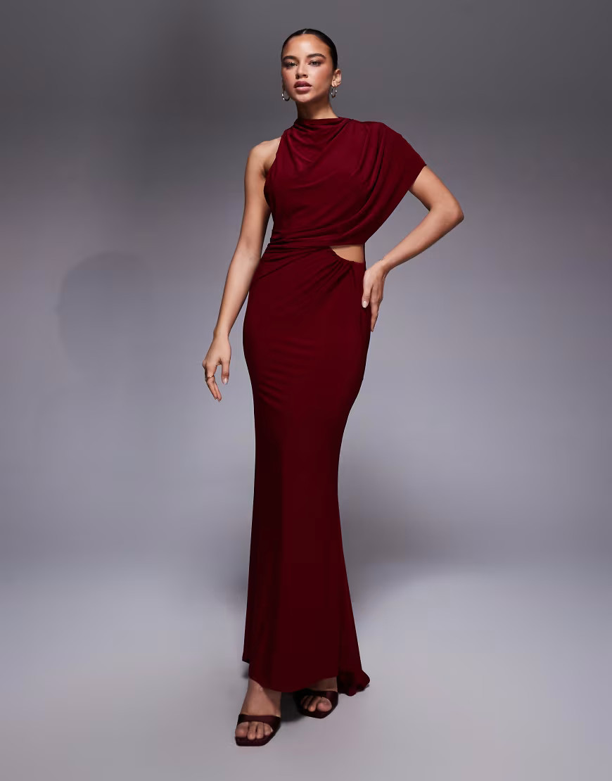 ASOS DESIGN caped one shoulder cut out maxi dress with open back in wine-Red | ASOS (Global)
