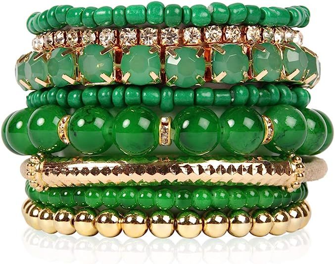 RIAH FASHION Multi Color Stretch Beaded Stackable Bracelets - Layering Bead Strand Statement Bang... | Amazon (US)