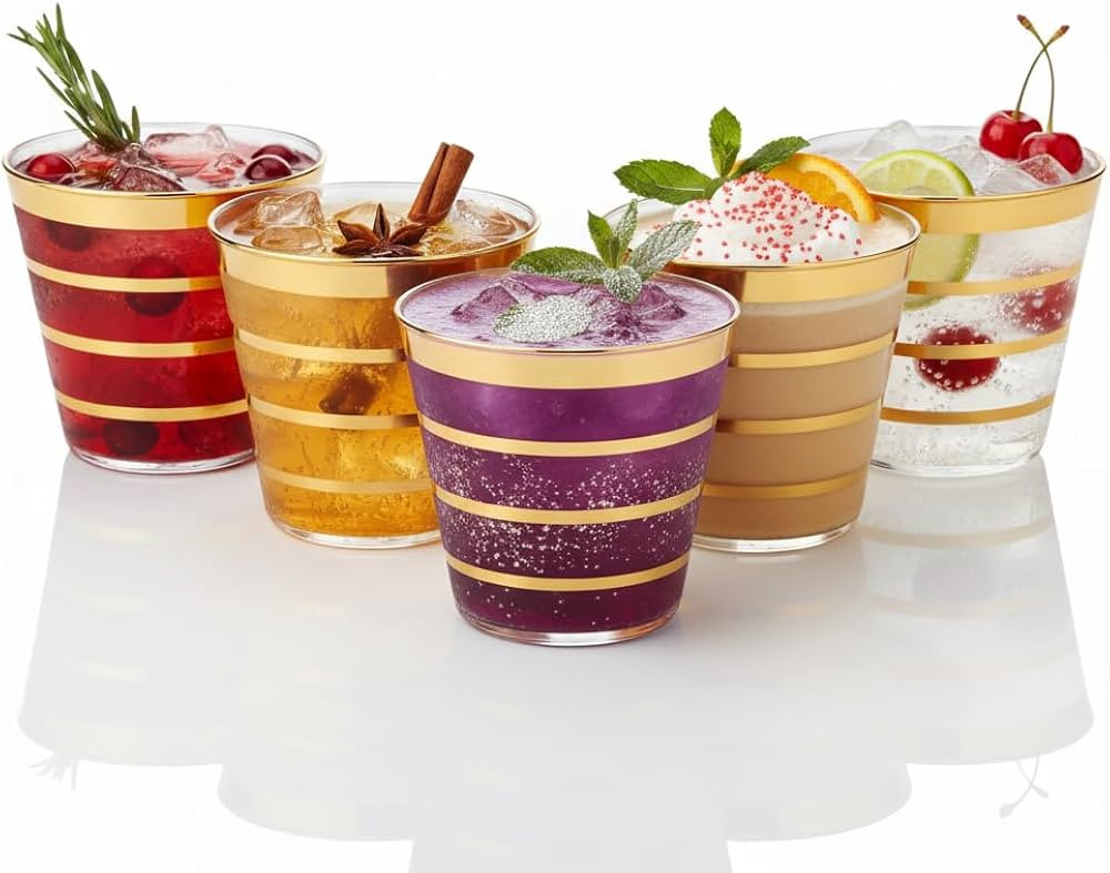 Perfect Settings 110 Gold 4 Line Clear Plastic Cups 9oz - Holiday Wedding Party Elegant Trimmed D... | Amazon (US)