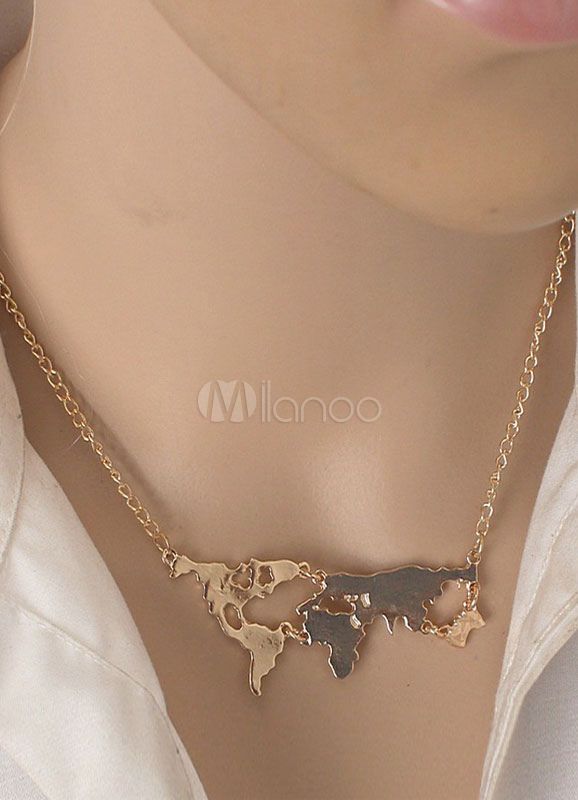 World Map Necklace Gold Chain Charm Pendant Necklace | Milanoo