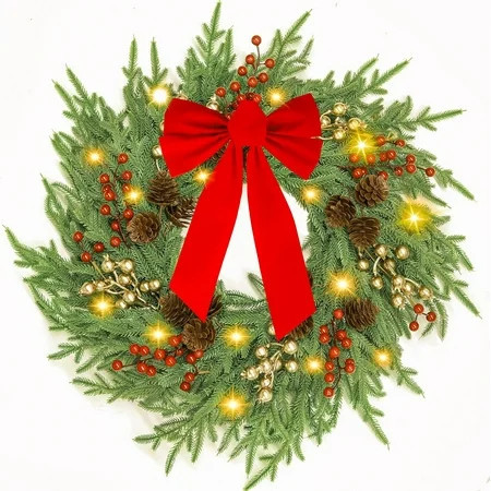 Artificial Christmas Wreath 26 Inch, Real Touch Norfolk Pine Wreath for Front Door, Greenery Wreath with Lights Ribbon Bell for Home Table Wall Window Indoor Outdoor Christmas Decoration | Walmart (US)
