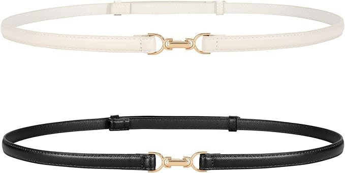 JASGOOD 2 Pack Women Skinny Faux Leather Belts Thin Waist Belts With Adjustable Gold Buckle for D... | Amazon (US)